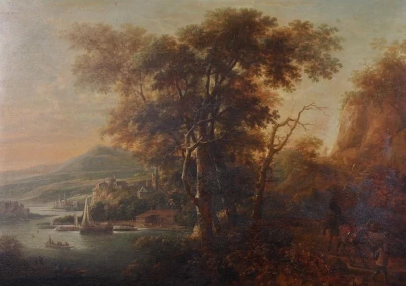 Johann Christian Vollerdt - Un vasto paesaggio fluviale, con figure e cavalli in primo piano